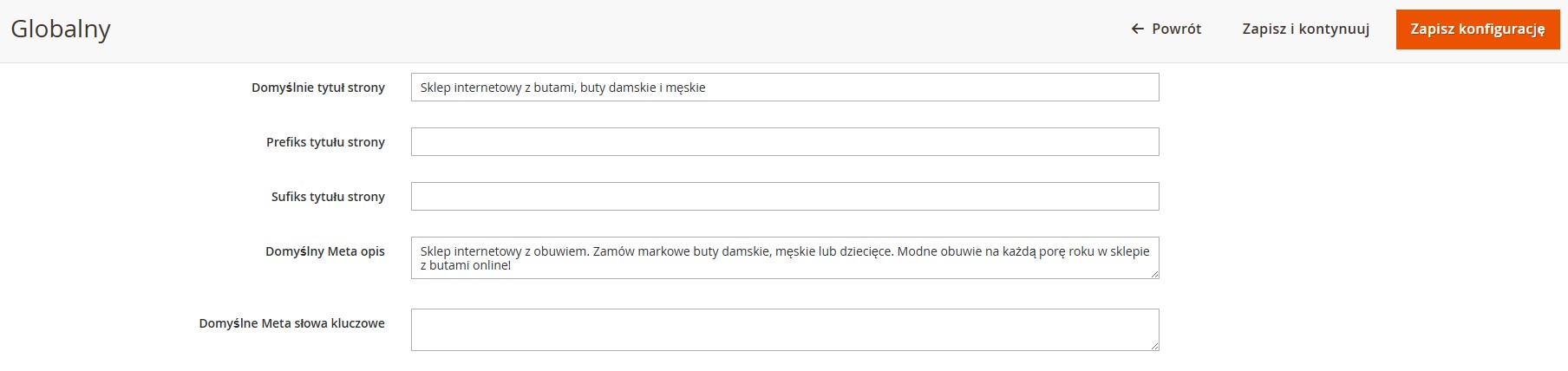 Domyślne meta tagi Magento