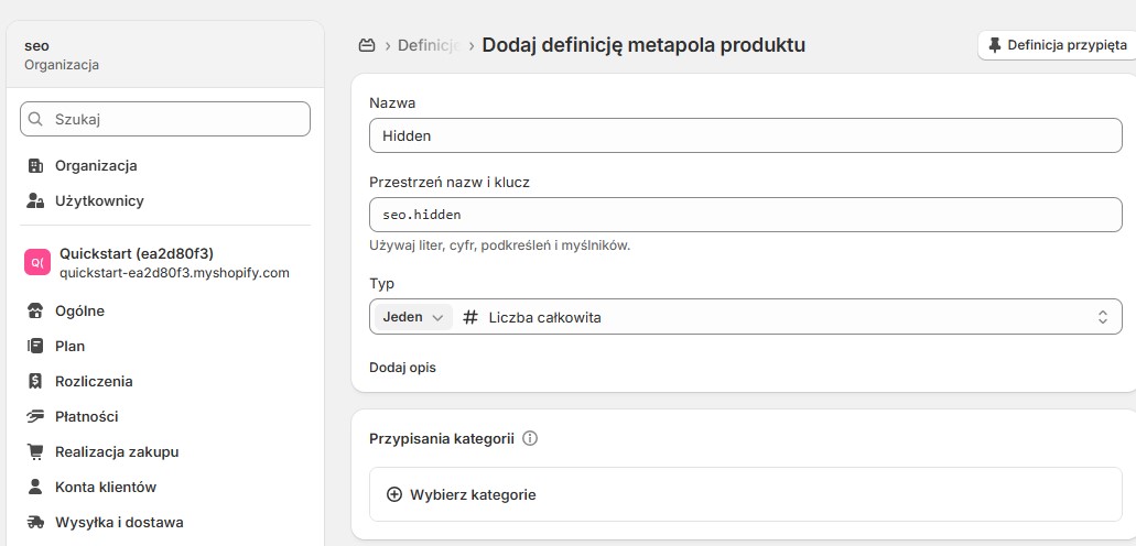 Konfiguracja pola seo.hidden w Shopify