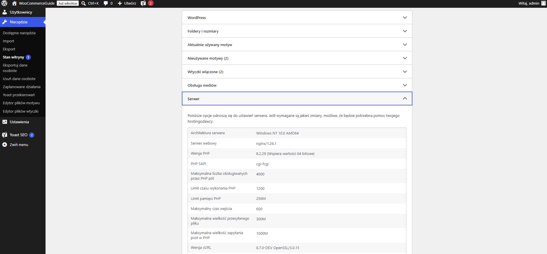 Narzędzia stan witryny WordPress