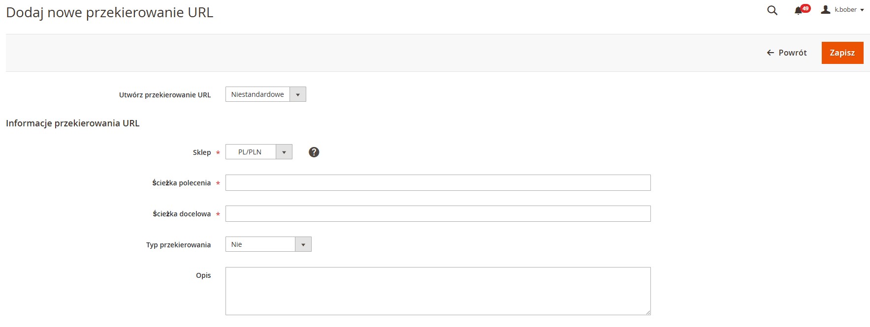 Nowe przekierowanie Magento