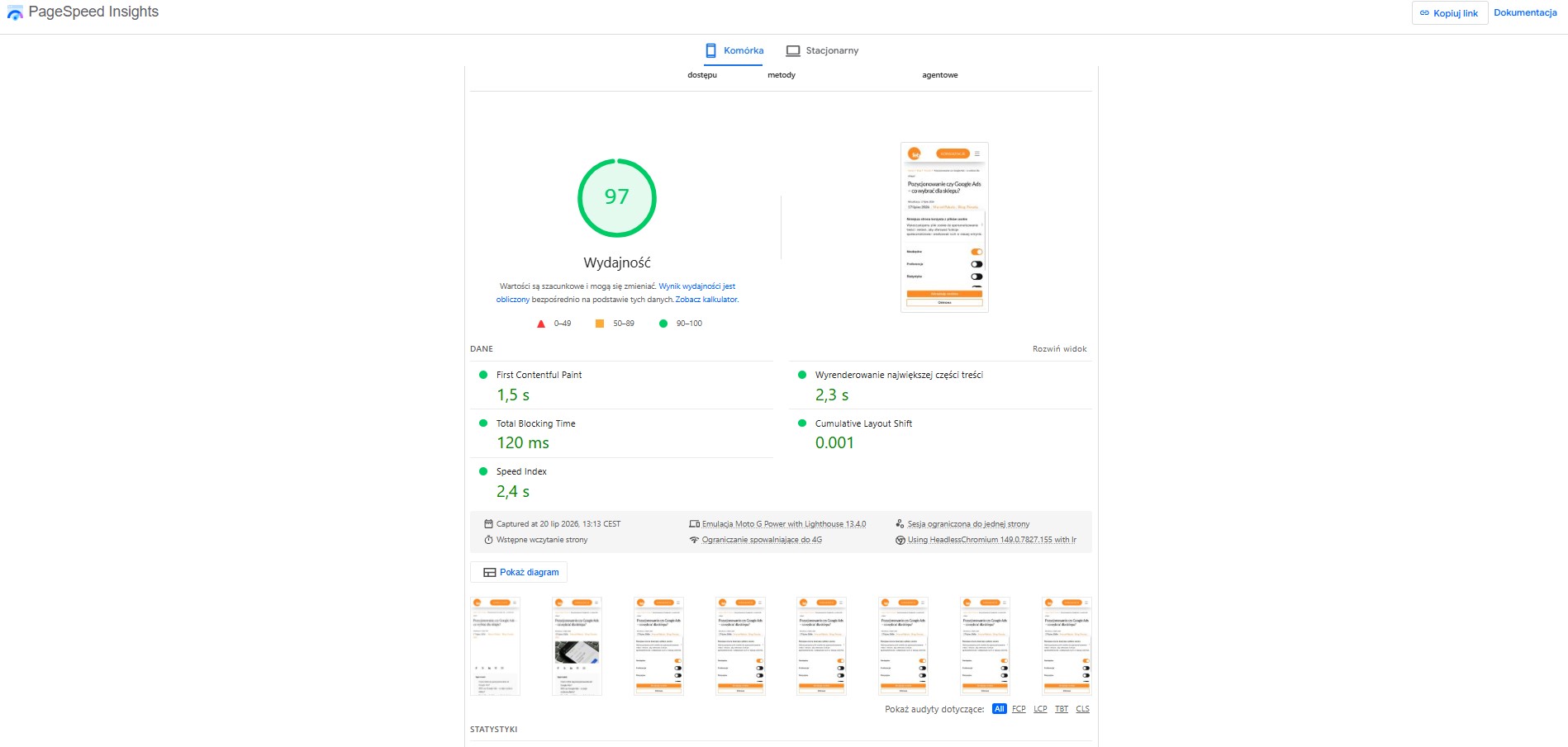 PageSpeed Insights dla bloga FEB