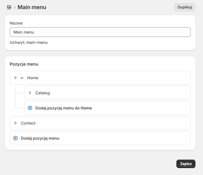 Pozycje menu Shopify