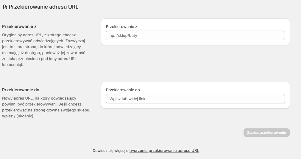 Przekierowanie adresu URL Shopify