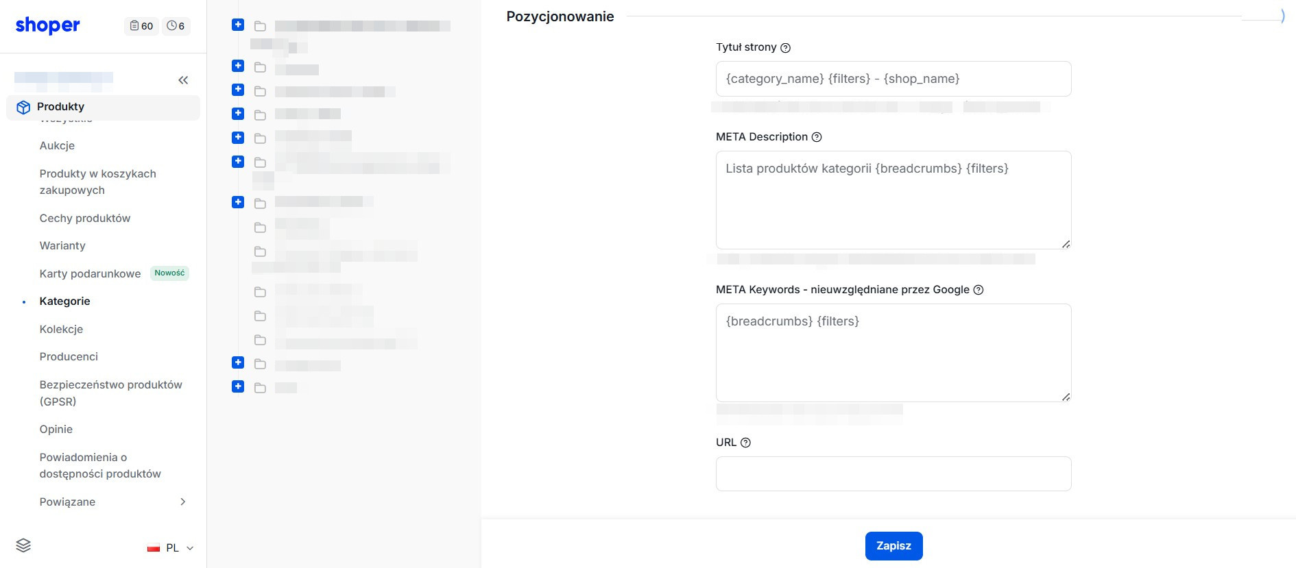 Kategorie produktu Shoper - pozycjonowanie