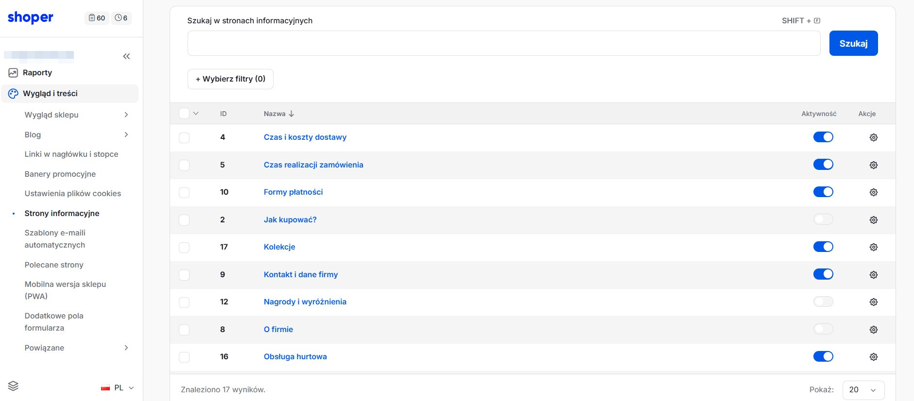 Strony informacyjne Shoper