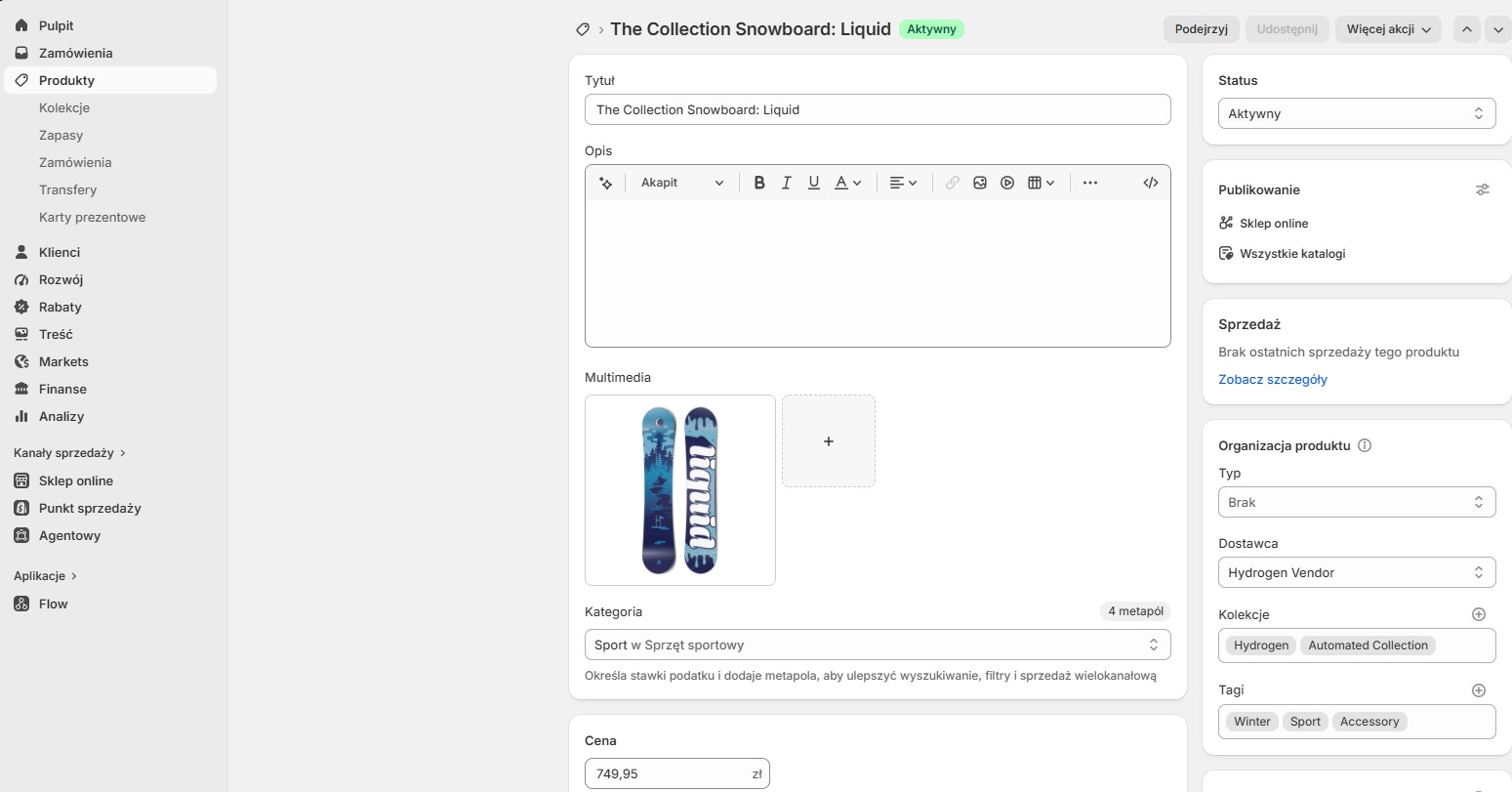 Ustawienia produktu Shopify