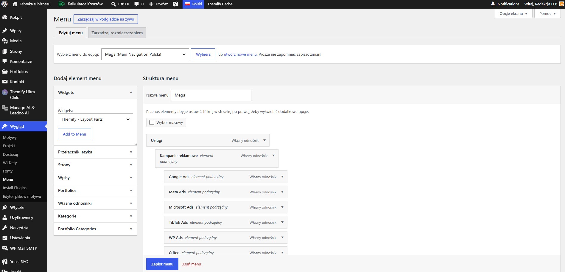 Wygląd menu WordPress
