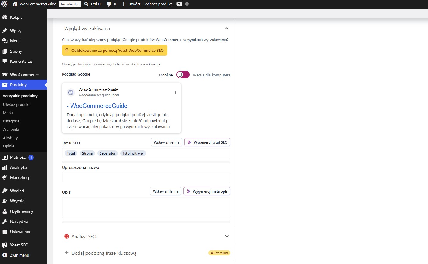 Yoast meta tagi produktów